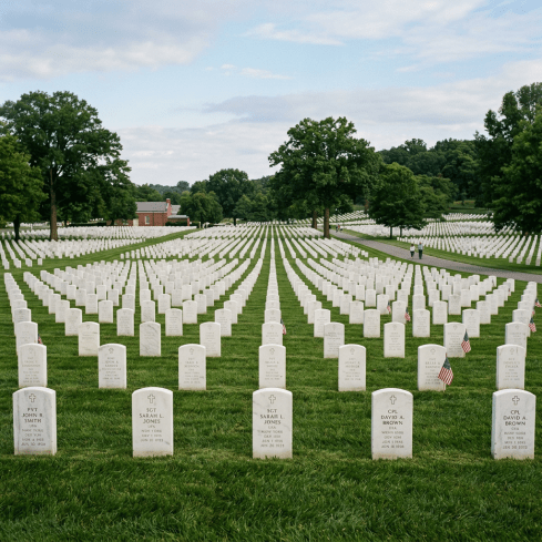 Military cemetery with rows of white headstones on green grass and American flags